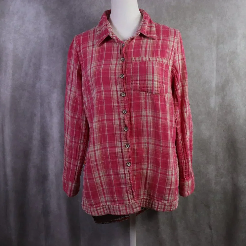 Cyrena Top Womens Small Pink Colorful Plaid Floral Button Long Sleeve Boho - Picture 2 of 8